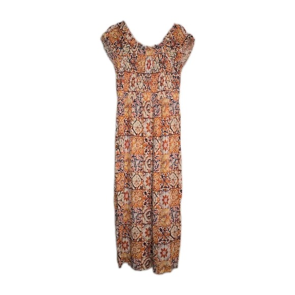 SOFT SURROUNDINGS Size SMALL Orange Floral Batik Short Sleeve Smocked Maxi Dress - Picture 3 of 9